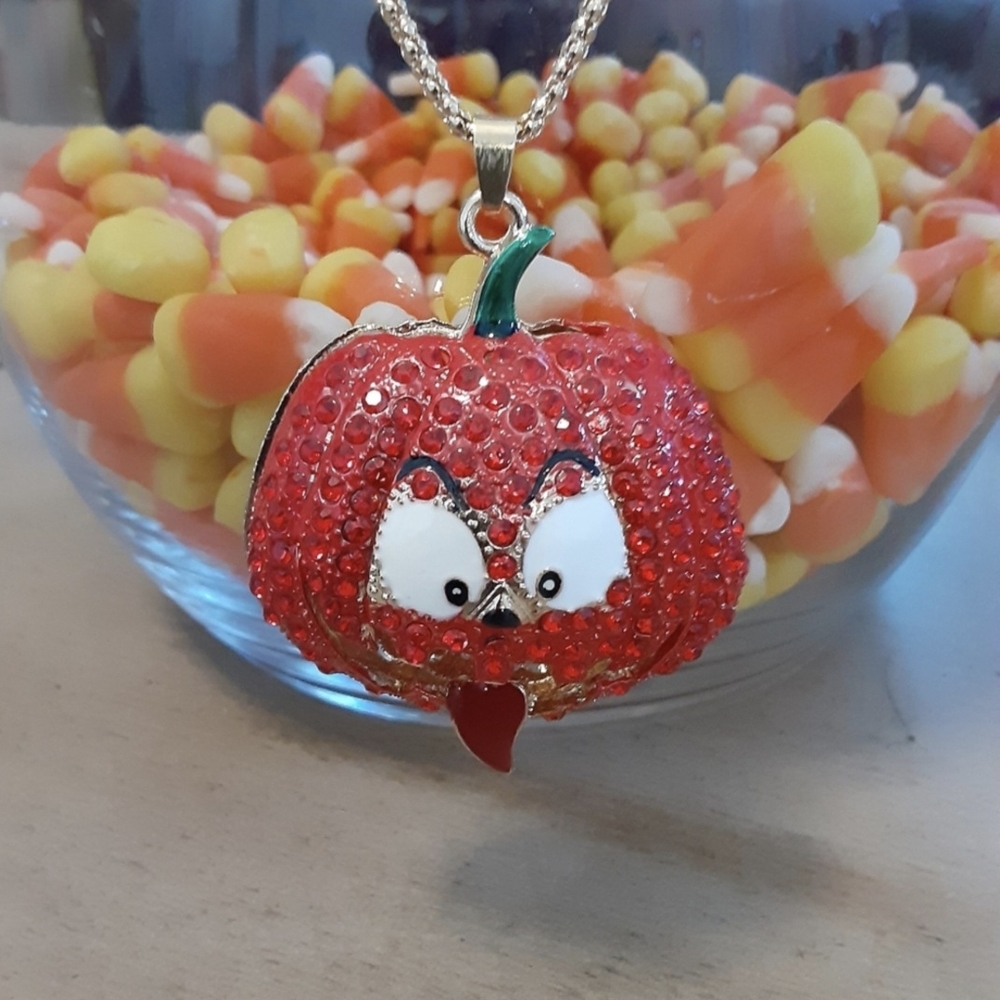 Orange Crystal Rhinestone Jack-o-Lantern Necklace Halloween New - Picture 7 of 8